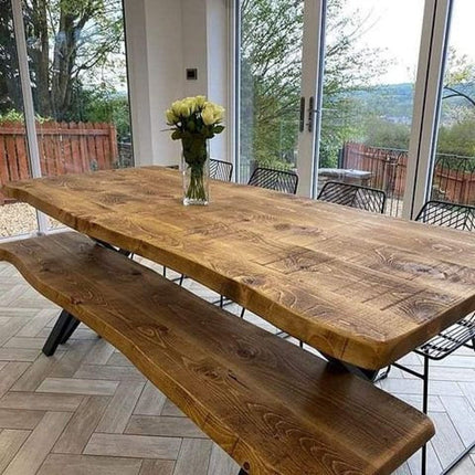 Live Edge Rustic Dining Table with X Frame Steel Legs Cotswold