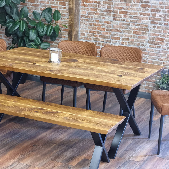 Louth XF Dining Table Solid Wood Chamfer Edge - Industrial X Frame Steel Legs - Modern Rustic Interior Design Cozy Natural and Stylish