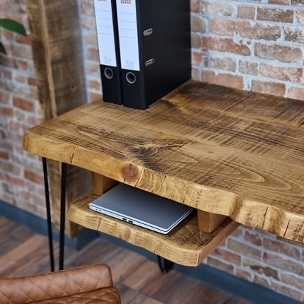 Live Edge Desk with Shelf Industrial Metal Legs 40mm Thick Rustic Wood