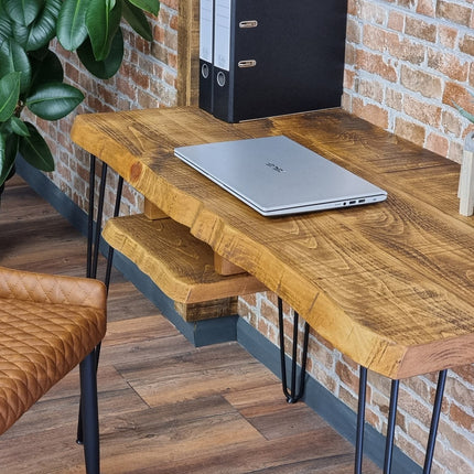 Live Edge Desk with Shelf Industrial Metal Legs 40mm Thick Rustic Wood