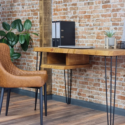 Live Edge Desk with Shelf Industrial Metal Legs 40mm Thick Rustic Wood