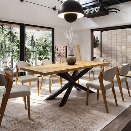 Brigg Dining Table Rustic Solid Wood Dining Table Industrial Straight Edge Dining Table Spider Steel Base Industrial Rustic Wood