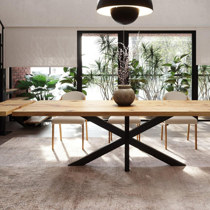 Brigg Dining Table Straight Edge Extendable 2 Sides Dining Table Kitchen Industrial Rustic Wood, Star Steel Base