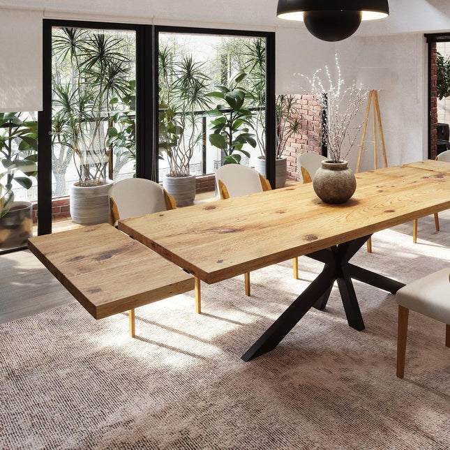 Brigg Dining Table Straight Edge Extendable 2 Sides Dining Table Kitchen Industrial Rustic Wood, Star Steel Base