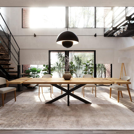 Brigg Dining Table Straight Edge Extendable 2 Sides Dining Table Kitchen Industrial Rustic Wood, Star Steel Base
