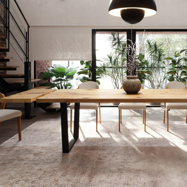 Brigg Dining Table Straight Edge Extendable 2 Sides Dining Table Kitchen Industrial Rustic Wood, VF Steel Legs