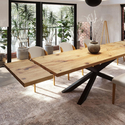 Brigg Dining Table Straight Edge Extendable 2 Sides Dining Table Kitchen Industrial Rustic Wood, Spider Steel Base