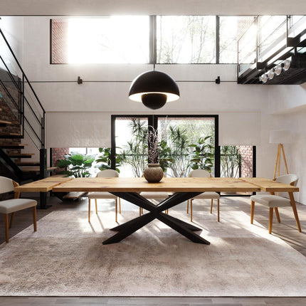 Brigg Dining Table Straight Edge Extendable 2 Sides Dining Table Kitchen Industrial Rustic Wood, Spider Steel Base