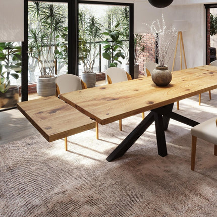 Brigg Dining Table Straight Edge Extendable 2 Sides Dining Table Kitchen Industrial Rustic Wood, Crossover Steel Base