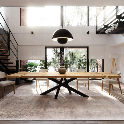 Brigg Dining Table Straight Edge Extendable 2 Sides Dining Table Kitchen Industrial Rustic Wood, Crossover Steel Base