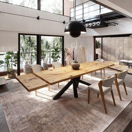 Brigg Dining Table Straight Edge Extendable 2 Sides Dining Table Kitchen Industrial Rustic Wood, Crossover Steel Base