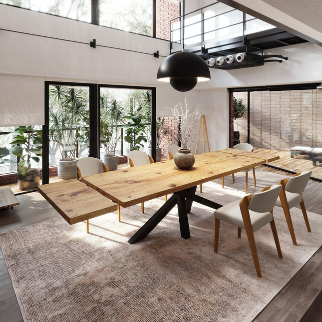 Brigg Dining Table Straight Edge Extendable 2 Sides Dining Table Kitchen Industrial Rustic Wood, Crossover Steel Base