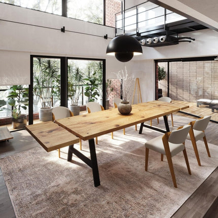 Brigg Dining Table Straight Edge Extendable 2 Sides Dining Table Kitchen Industrial Rustic Wood, AF Steel Legs