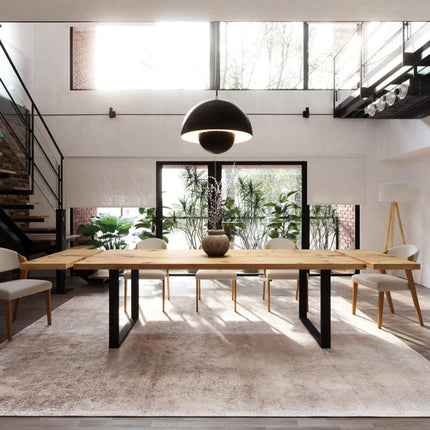 Brigg Dining Table Straight Edge Extendable 2 Sides Dining Table Kitchen Industrial Rustic Wood, Square Steel Legs