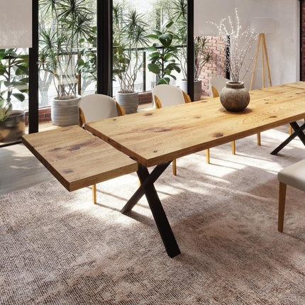 Brigg Dining Table Straight Edge Extendable 2 Sides Dining Table Kitchen Industrial Rustic Wood, XF Steel Legs
