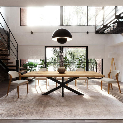 Brigg Dining Table Rustic Solid Wood Dining Table Industrial Straight Edge Dining Table Star Steel Base Industrial Rustic Wood