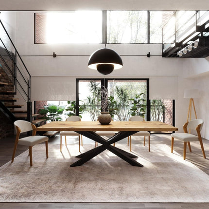 Brigg Dining Table Rustic Solid Wood Dining Table Industrial Straight Edge Dining Table Spider Steel Base Industrial Rustic Wood