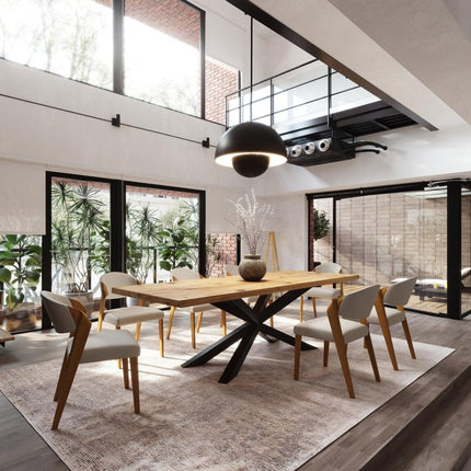 Brigg Dining Table Rustic Solid Wood Dining Table Industrial Straight Edge Dining Table Spider Steel Base Industrial Rustic Wood