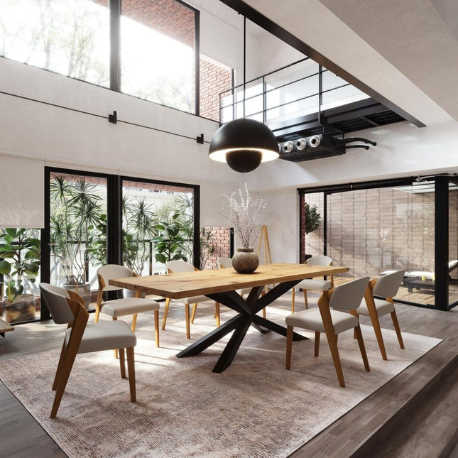 Brigg Dining Table Rustic Solid Wood Dining Table Industrial Straight Edge Dining Table Spider Steel Base Industrial Rustic Wood