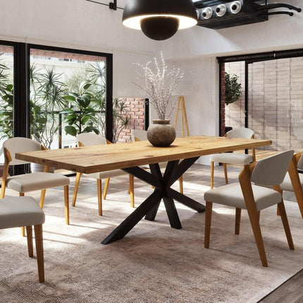 Brigg Dining Table Rustic Solid Wood Dining Table Industrial Straight Edge Dining Table Star Steel Base Industrial Rustic Wood