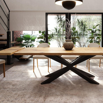Brigg Dining Table Straight Edge Extendable 2 Sides Dining Table Kitchen Industrial Rustic Wood, Spider Steel Base