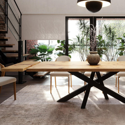 Brigg Dining Table Straight Edge Extendable 2 Sides Dining Table Kitchen Industrial Rustic Wood, Crossover Steel Base