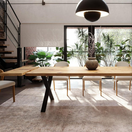 Brigg Dining Table Straight Edge Extendable 2 Sides Dining Table Kitchen Industrial Rustic Wood, XF Steel Legs