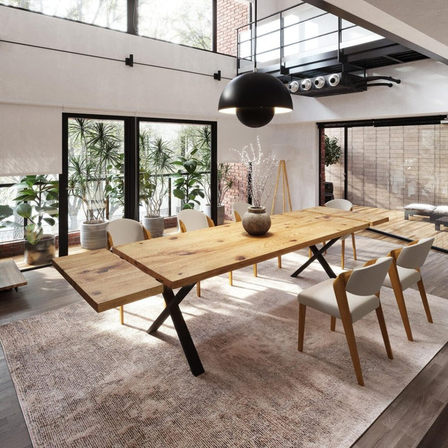 Brigg Dining Table Straight Edge Extendable 2 Sides Dining Table Kitchen Industrial Rustic Wood, XF Steel Legs