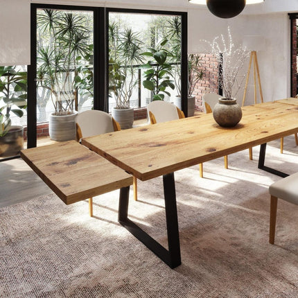 Brigg Dining Table Straight Edge Extendable 2Side Dining Table Kitchen Industrial Rustic Wood, TRAPEZIUM Steel Legs