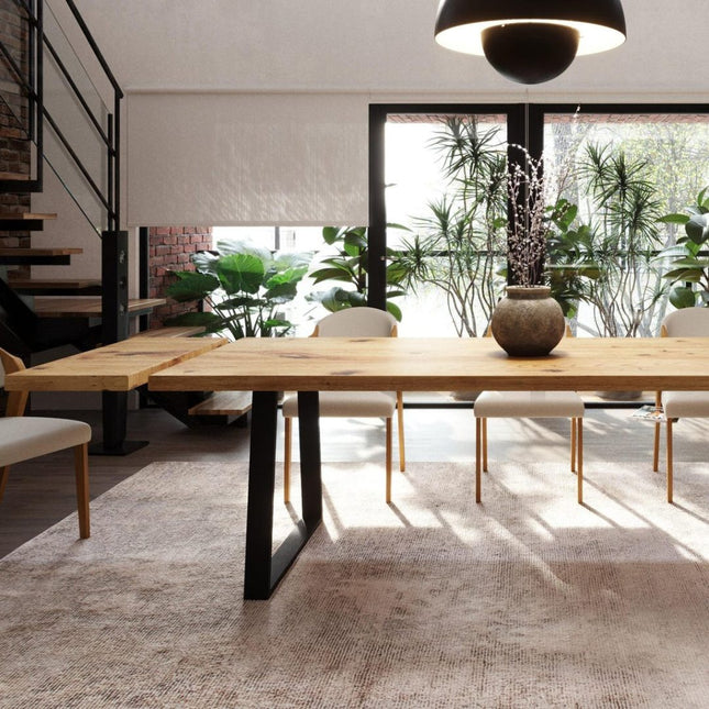 Brigg Dining Table Straight Edge Extendable 2Side Dining Table Kitchen Industrial Rustic Wood, TRAPEZIUM Steel Legs