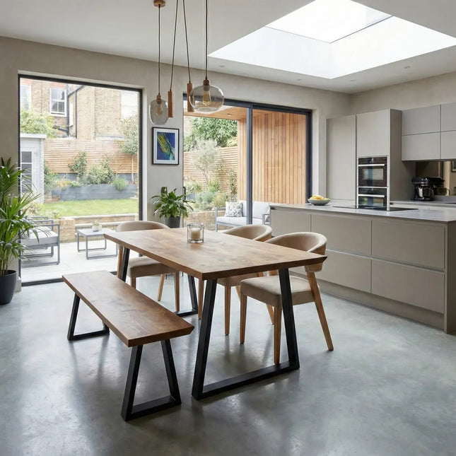 Louth Trapezium Dining Table Solid Wood - Industrial TP Steel Legs - Modern Rustic Interior Design Cozy Natural and Stylish