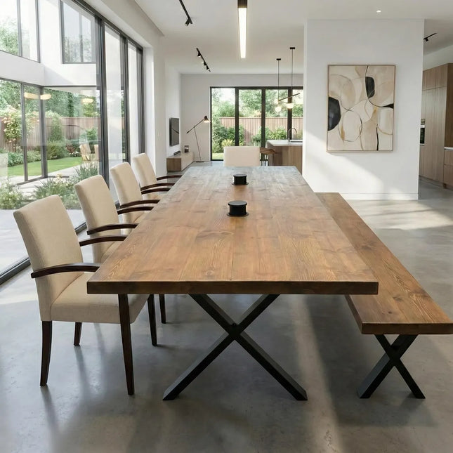 Brigg Dining Table Wooden Rustic Dining Table Industrial Straight Edge X FRAME LEGS Industrial Rustic Wood Cotswold
