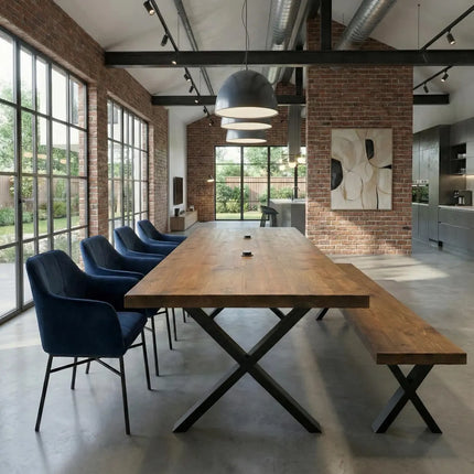 Brigg Straight Edge Rustic Dining Table Steel X Frame Legs