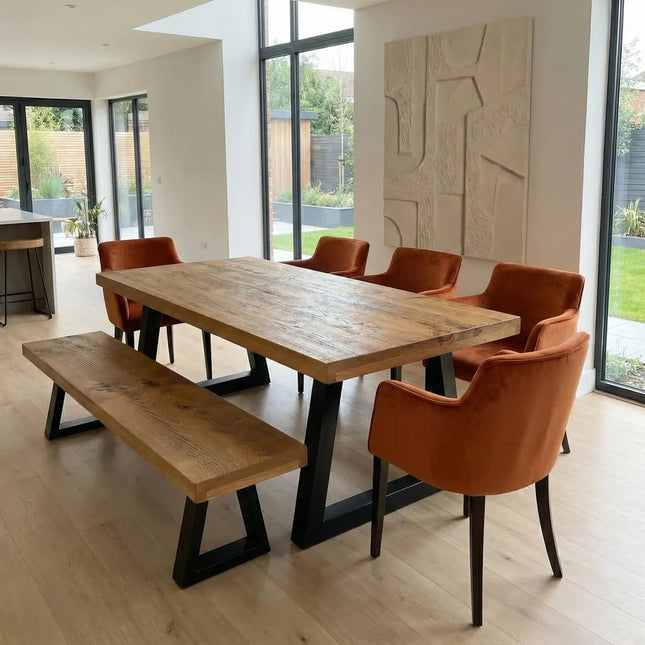 Tealby TP Chunky Dine Table Rustic Natural Wood - Industrial Trapezium Chunky Frame Legs- Rustic Wood - Handmade Stylish Cozy and Natura