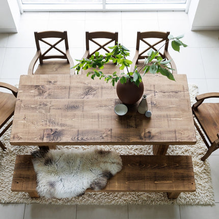 SET Grantham Industrial Thick Dining Table Wooden Legs - Table/Bench/5 Chairs