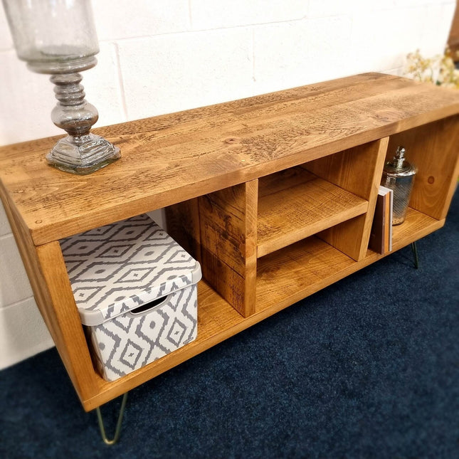 Industrial TV Stand With Shelf Rustic Solid Wood Furniture Vintage Retro Style Cabinet Reclaimed Large Wooden Media Storage Unit