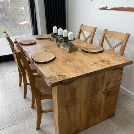 SET - 160cm Table + 4 Chairs - Dining Table Industrial Live Edge Dining Table Wooden Block Legs Industrial Rustic Wood
