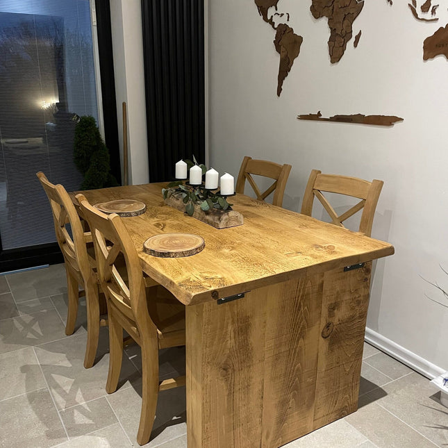 SET - 160cm Table + 4 Chairs - Dining Table Industrial Live Edge Dining Table Wooden Block Legs Industrial Rustic Wood