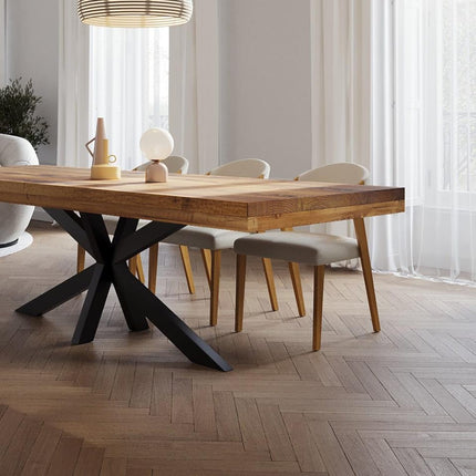 Grantham Star Dining Table Rustic Solid Wood Dining Table Industrial Straight Edge Dining Table Star Steel Base Industrial Rustic Wood