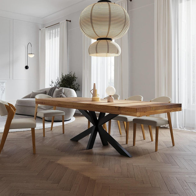 Grantham Star Dining Table Rustic Solid Wood Dining Table Industrial Straight Edge Dining Table Star Steel Base Industrial Rustic Wood