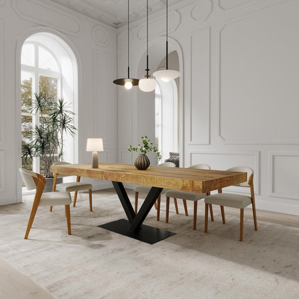 Boston V Base Dining Table Rustic Solid Wood Dining Table Industrial Straight Edge Dining Table V Steel Base