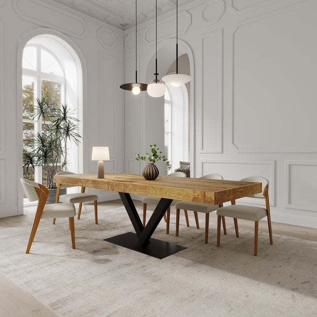 Boston V Base Dining Table Rustic Solid Wood Dining Table Industrial Straight Edge Dining Table V Steel Base