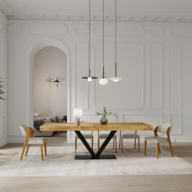 Boston V Base Dining Table Rustic Solid Wood Dining Table Industrial Straight Edge Dining Table V Steel Base