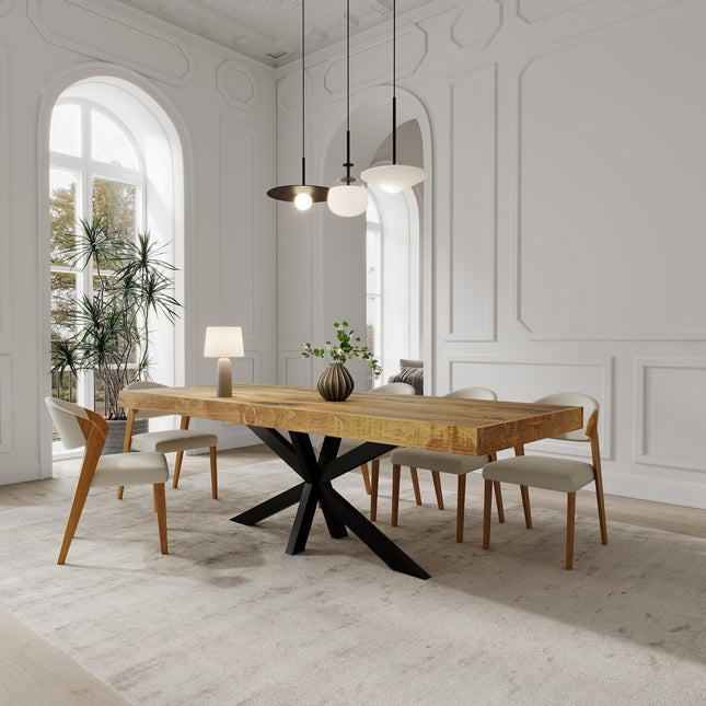 Boston Star Dining Table Rustic Solid Wood Dining Table Industrial Straight Edge Dining Table Star Steel Base Industrial Rustic Wood