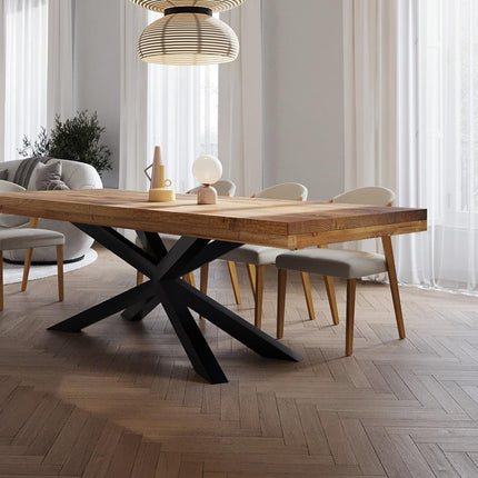 Grantham Spider Dining Table Rustic Solid Wood Dining Table Industrial Straight Edge Dining Table Spider Steel Base Industrial Rustic Wood