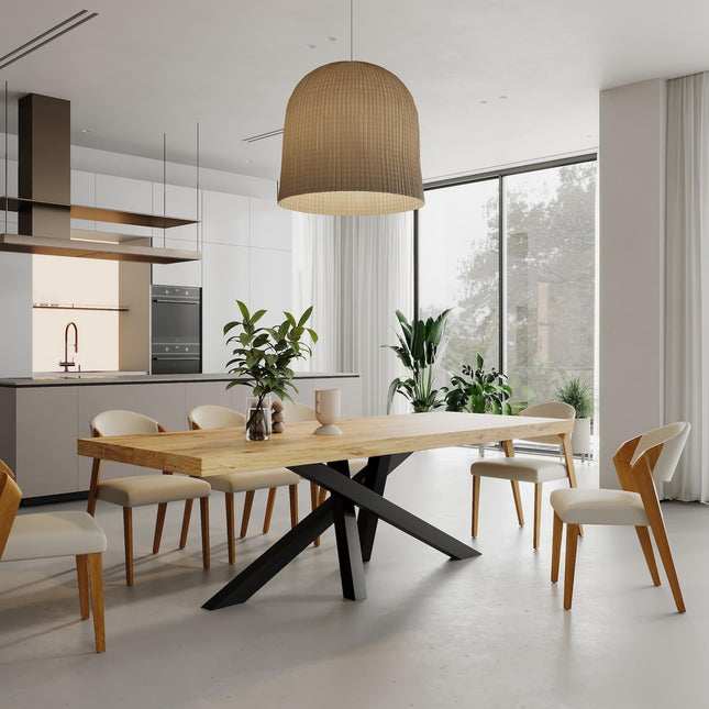 3 INCH Crossover Dining Table Rustic Solid Wood Dining Table Industrial Straight Edge Dining Table Crossover Steel Base