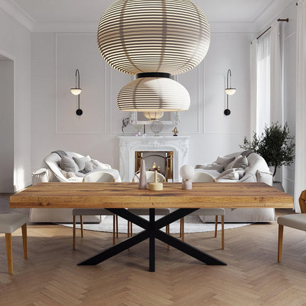 Grantham Star Dining Table Rustic Solid Wood Dining Table Industrial Straight Edge Dining Table Star Steel Base Industrial Rustic Wood