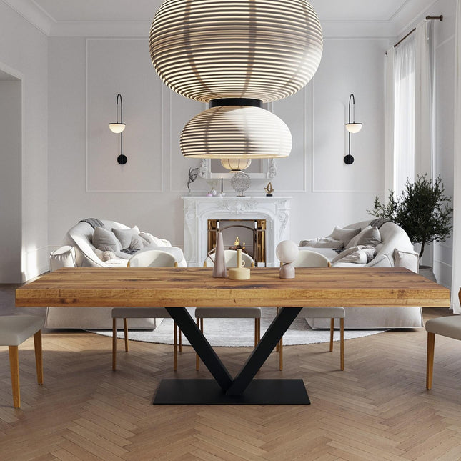 Grantham V Base Dining Table Rustic Solid Wood Dining Table Industrial Straight Edge Dining Table V Steel Base