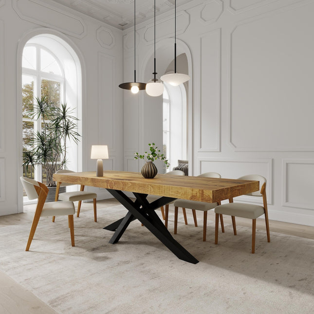 Boston Crossover Dining Table Rustic Solid Wood Dining Table Industrial Straight Edge Dining Table Crossover Steel Base