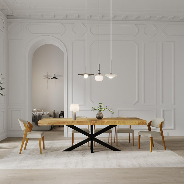 Boston Star Dining Table Rustic Solid Wood Dining Table Industrial Straight Edge Dining Table Star Steel Base Industrial Rustic Wood